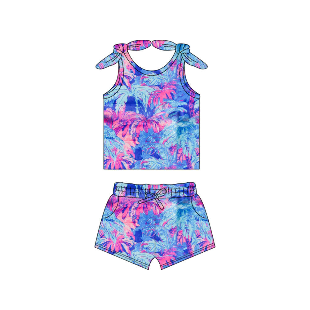 (Custom Design Preorder MOQ 5) Blue Pink Coconut Tree Print Pockets Shorts Girls Summer Clothes Set