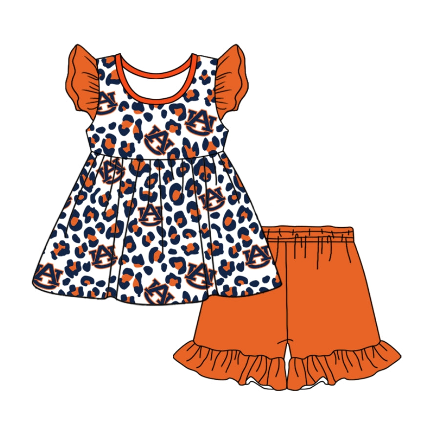 (Custom Design Preorder MOQ 5) Team's Auburn Tunic Top Orange Shorts Girls Summer Clothes Set