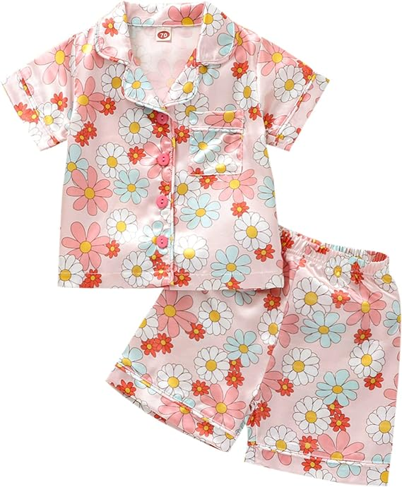 (Custom Design Preorder MOQ 5)  Colorful Flowers Print Girls Summer Pajamas Clothes Set