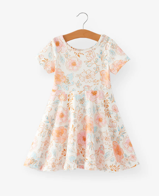 (Custom Design Preorder MOQ 5) Flowers Print Girls Summer Knee Length Dress