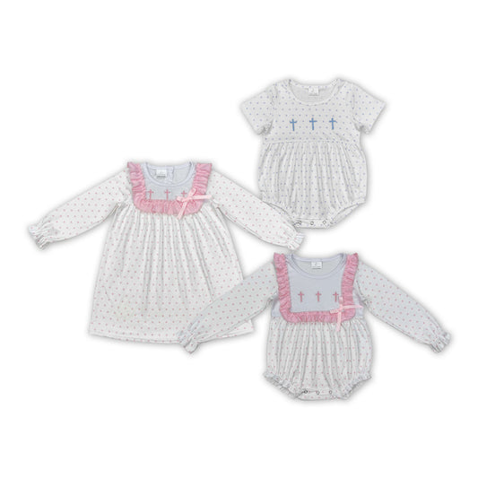 Cross Embroidery Dots Print Sibling Easter Matching Clothes