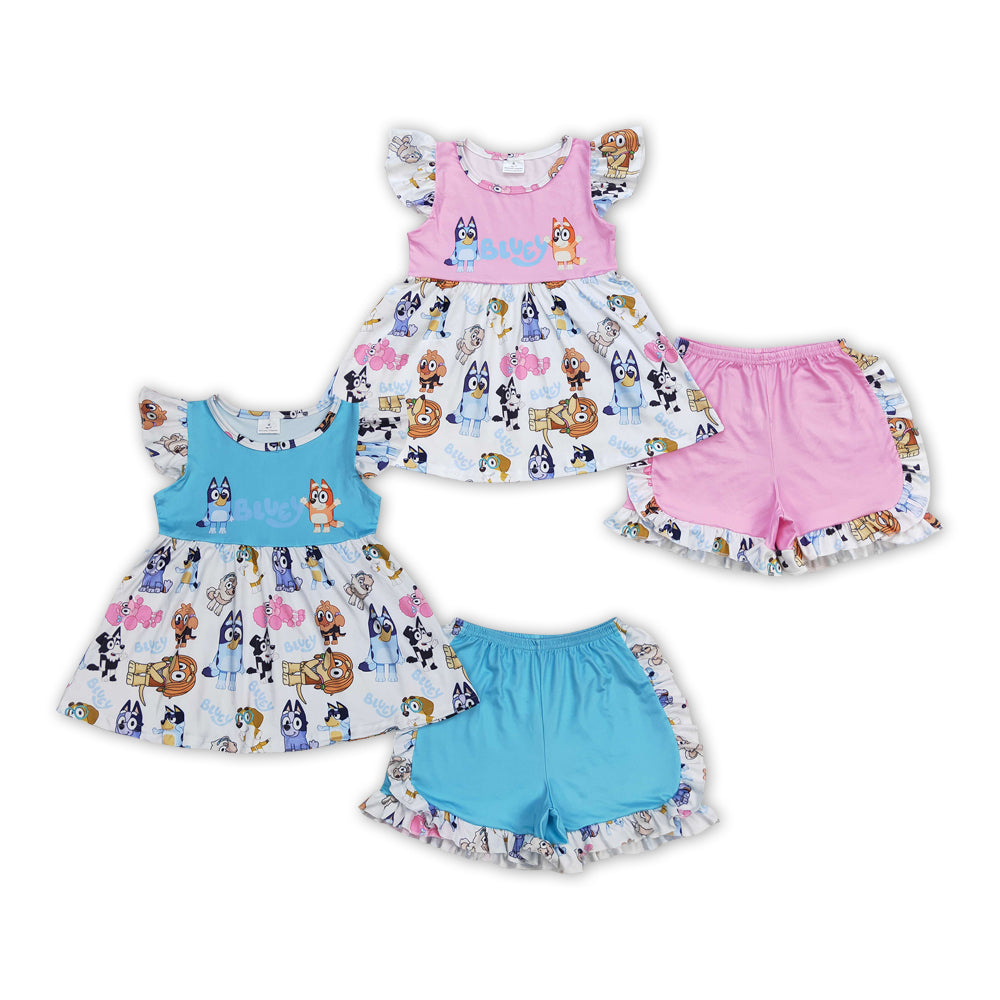 Cartoon Dog Girls Summer Clothes Set Sisters Wear