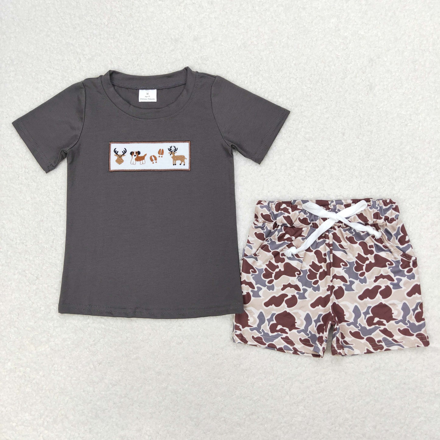 Deer Dog Embroidery Camo Print Sibling Summer Matching Clothes