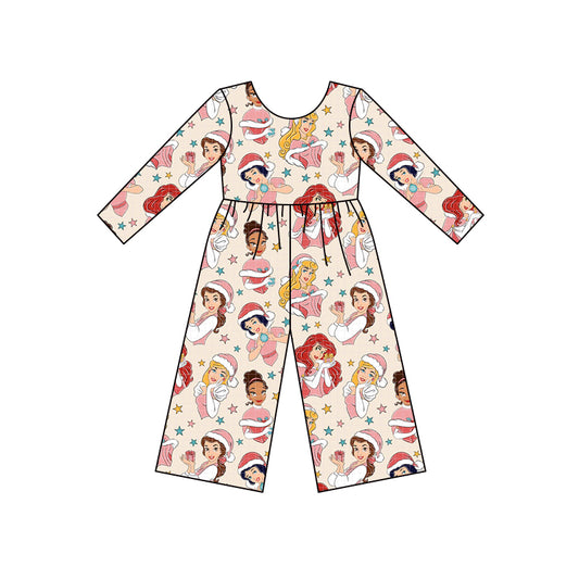 (Custom Design MOQ 5) Cartoon Princess Print Girls Christmas Jumpsuits