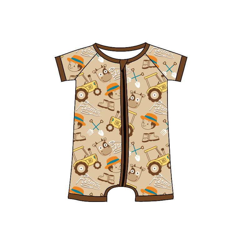 (Custom Design Preorder MOQ 5) Brown Farm Print Baby Boys Summer Romper