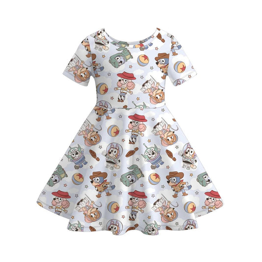 (Custom Design Preorder MOQ 5) Cartoon Dog Toys Print Girls Summer Knee Length Dress
