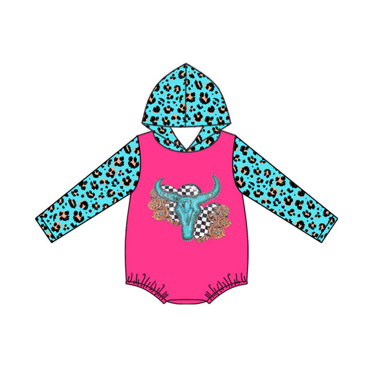 (Custom Design Preorder MOQ 5) Skull Aqua Leopard Print Baby Fall Hoodie Western Romper