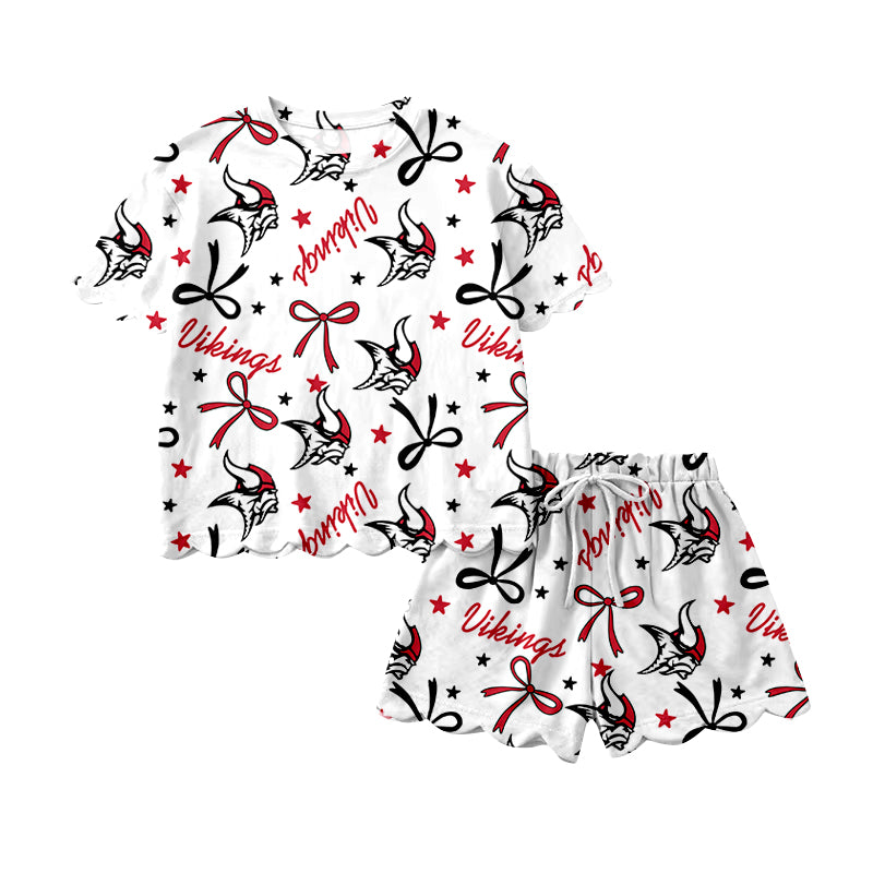 (Custom Design Preorder MOQ 5) Teams Vikings Bows Print Girls Summer Scallop Clothes Set