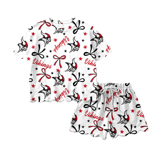 (Custom Design Preorder MOQ 5) Teams Vikings Bows Print Girls Summer Scallop Clothes Set