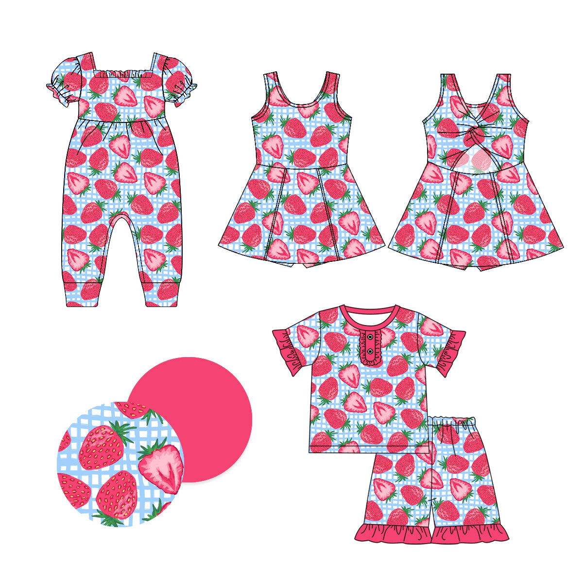 1.4(Custom Design Preorder MOQ 5 Each Design) Strawberry Print Girls Summer Matching Clothes Sisters Wear