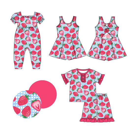 1.4(Custom Design Preorder MOQ 5 Each Design) Strawberry Print Girls Summer Matching Clothes Sisters Wear