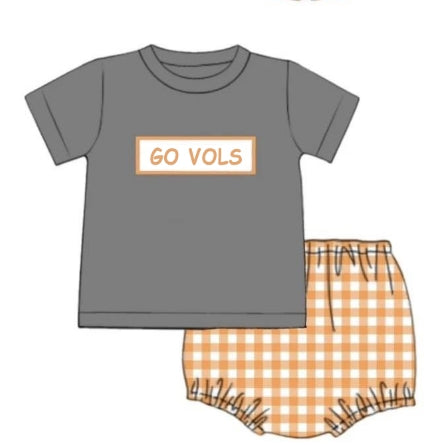 (Custom Design Preorder MOQ 5) Team's GO VOLS Pint Grey Top Plaid Shorts Baby Boys Summer Bummie Sets