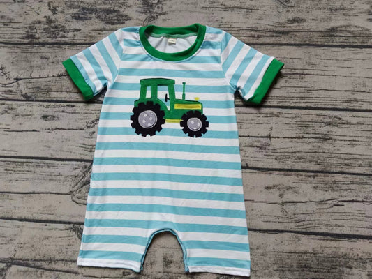 (Custom Design Preorder MOQ 5) Tractors Stripes Print Baby Boys Summer Romper