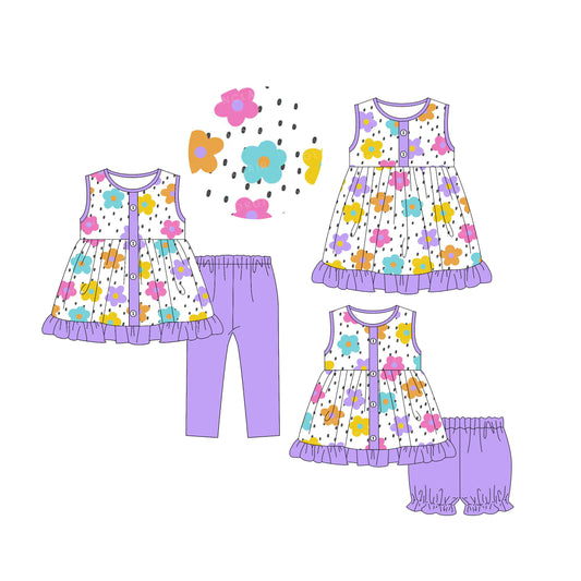 5.5(Custom Design Preorder MOQ 5 Each Design) Colorful Flowers Print Girls Matching Clothes Sisters Wear