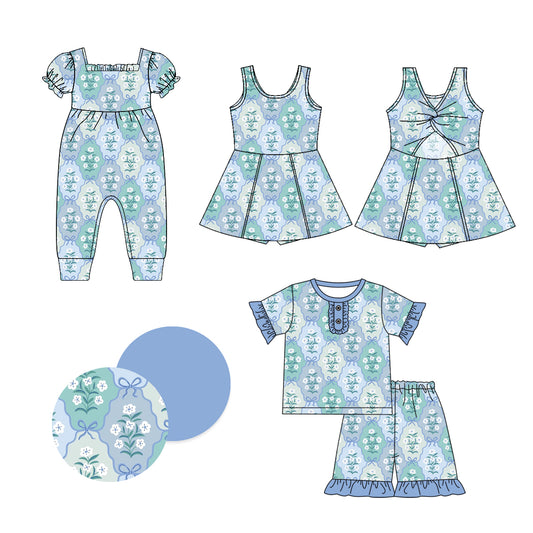 1.4(Custom Design Preorder MOQ 5 Each Design) Blue Flowers Print Girls Summer Matching Clothes Sisters Wear