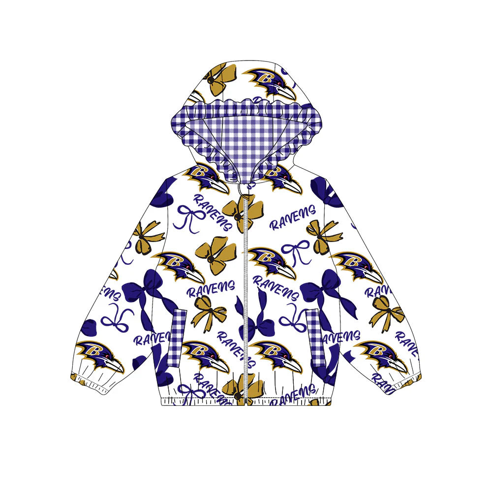 (Custom Design Preorder MOQ 5) RAVENS Bows Print Pockets Girls Long Sleeve Zipper Jackets Top