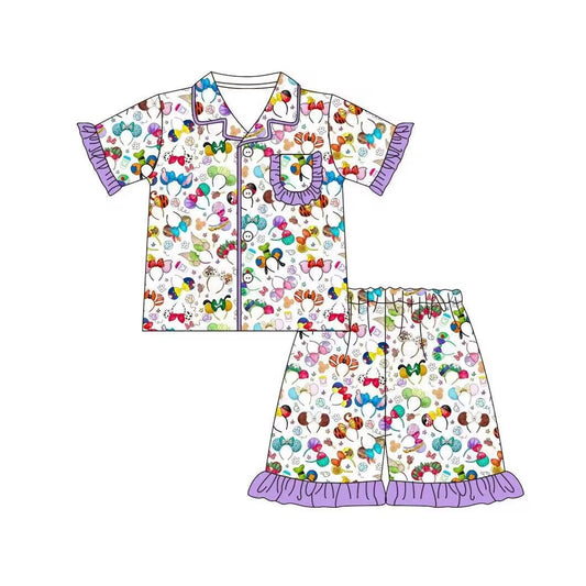 (Custom Design Preorder MOQ 5)  Cartoon Mouse Print Girls Summer Pajamas Clothes Set