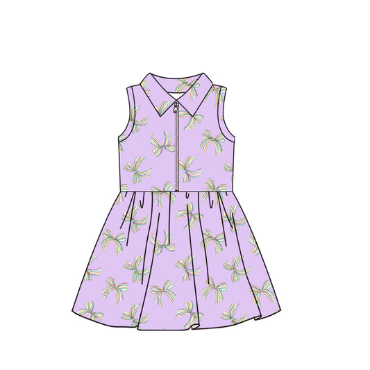 (Custom Design Preorder MOQ 5) Bows Purple Print Zipper Top Shorts Skirts Girls Mardi Gras Yoga Dress