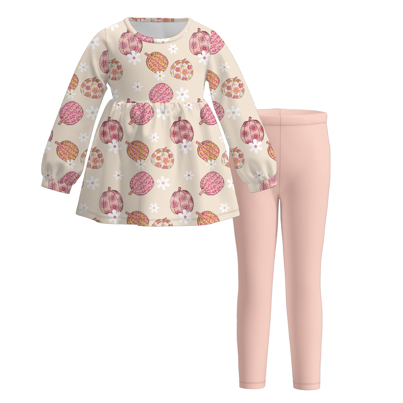 (Custom Design Preorder MOQ 5) Pumpkin Flowers Tunic Top Legging Pants Girls Fall Clothes Set