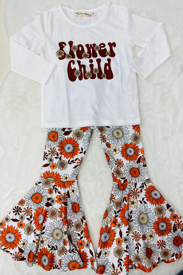 (Custom Design Preorder MOQ 5) Flower Child White Top Bell Pants Girls Clothes Set