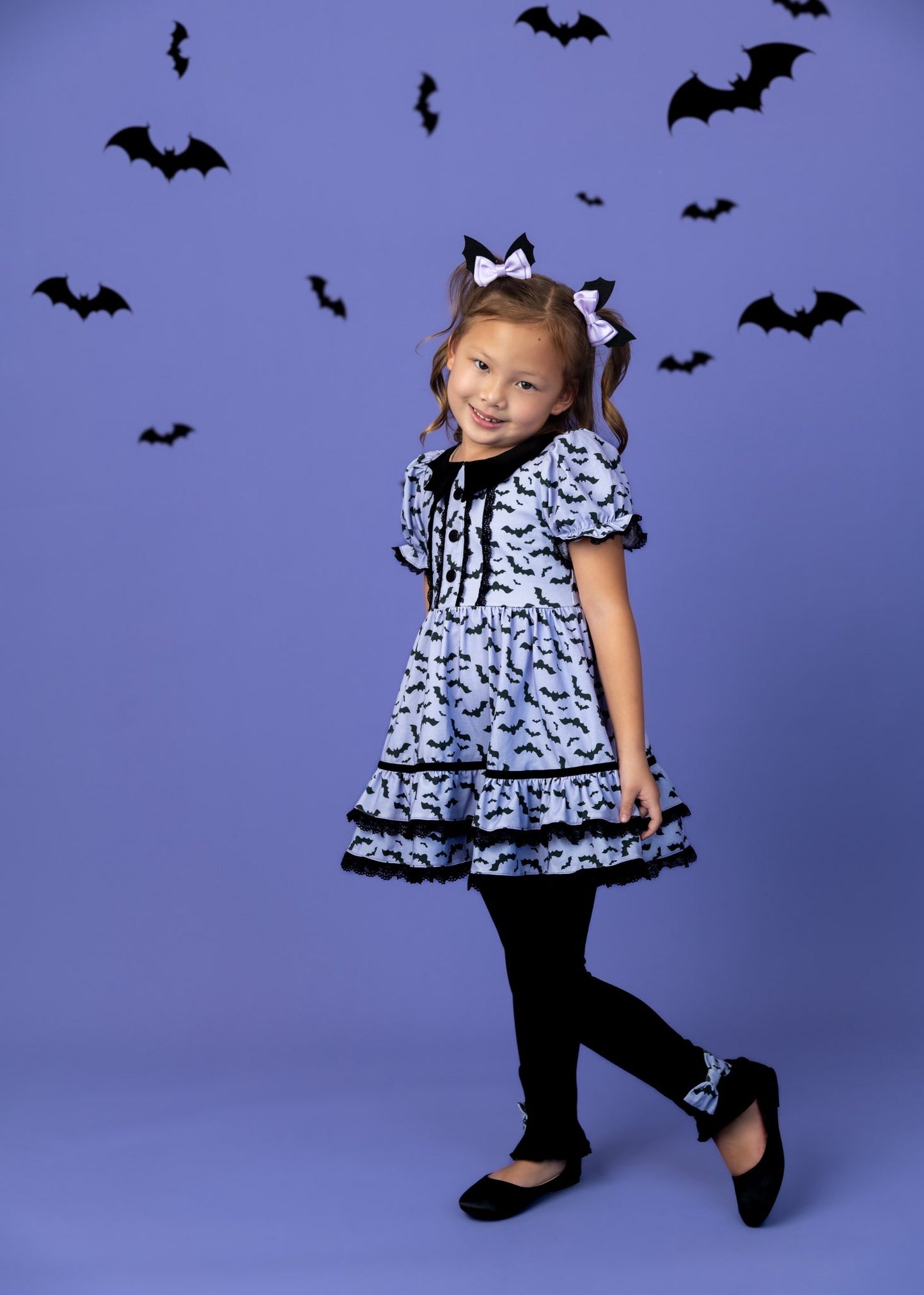 (Custom Design Preorder MOQ 5) Bat Tunic Top Black Pants Girls Halloween Clothes Set