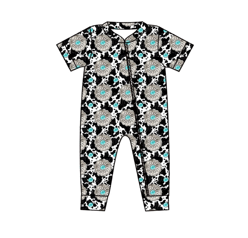 (Custom Design Preorder MOQ 5) Turquoise Print Baby Girls Summer Zipper Romper