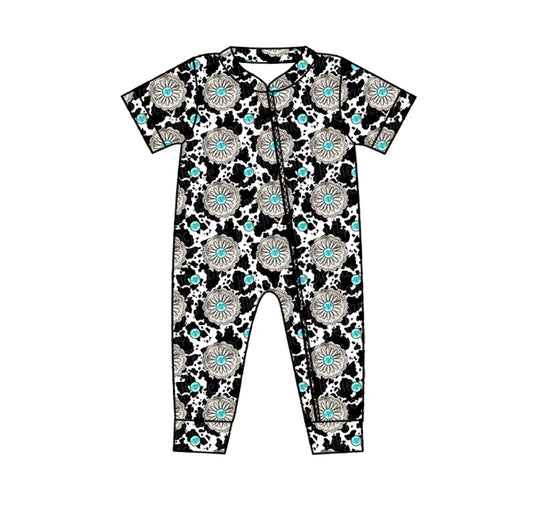 (Custom Design Preorder MOQ 5) Turquoise Print Baby Girls Summer Zipper Romper