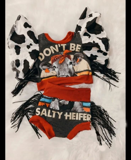 (Custom Design Preorder MOQ 5) Don't Be Salty Heifer Baby Girls Summer Tassels Bummie Set