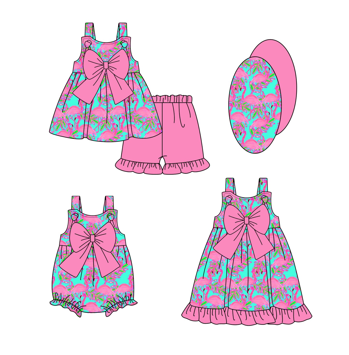 1.4(Custom Design Preorder MOQ 5 Each Design) Flamingo Print Girls Summer Matching Clothes Sisters Wear