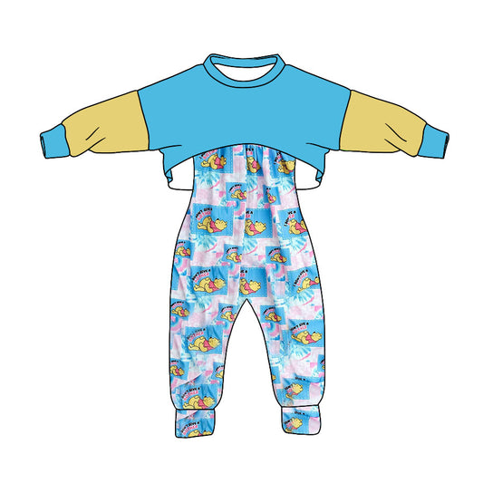 (Custom Design Preorder MOQ 5) Blue Top Cartoon Bear Print Jumpsuits Girls Fall Clothes Set