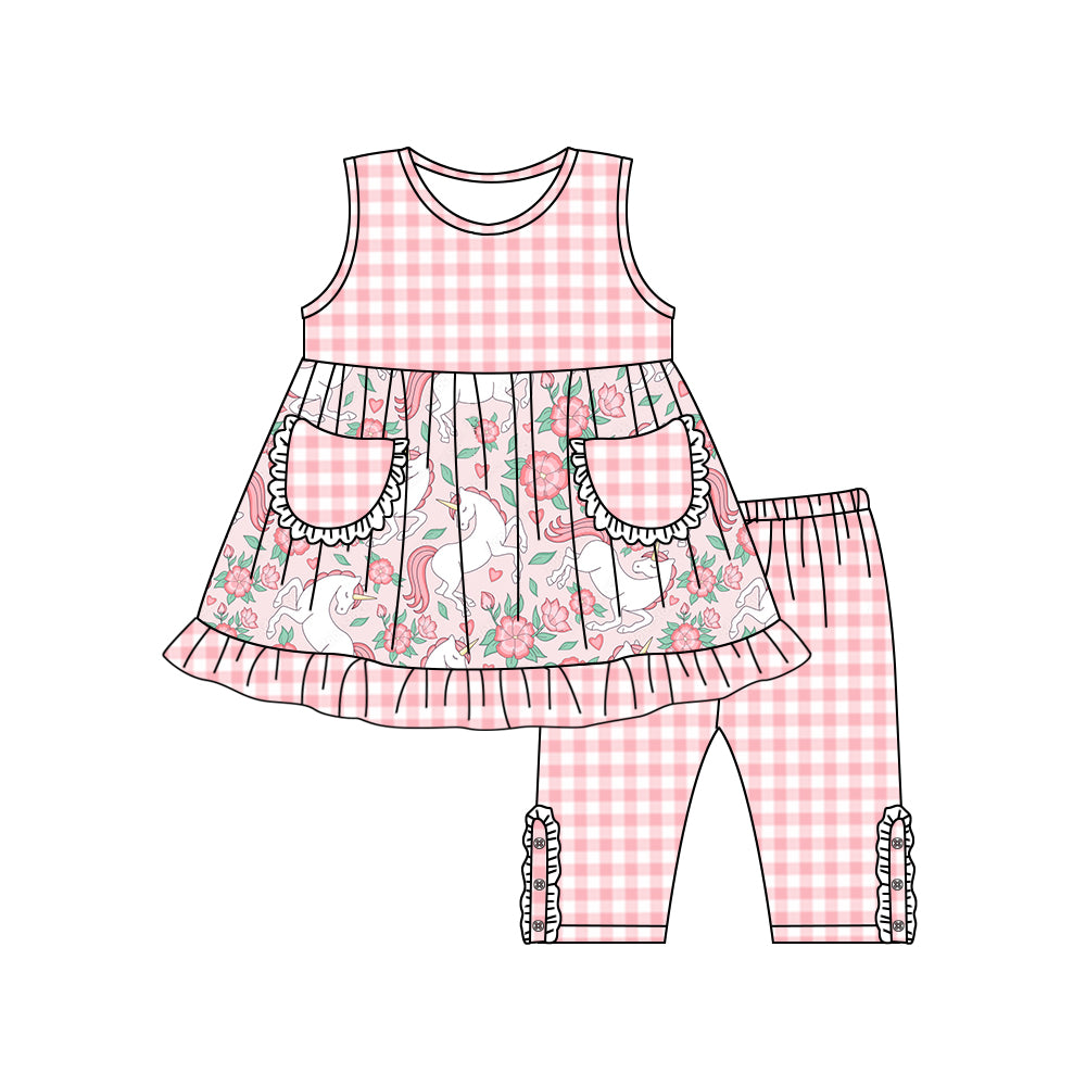 (Custom Design Preorder MOQ 5) Pink Unicorn Flowers Print Pockets Top Capri Girls Summer Clothes Set