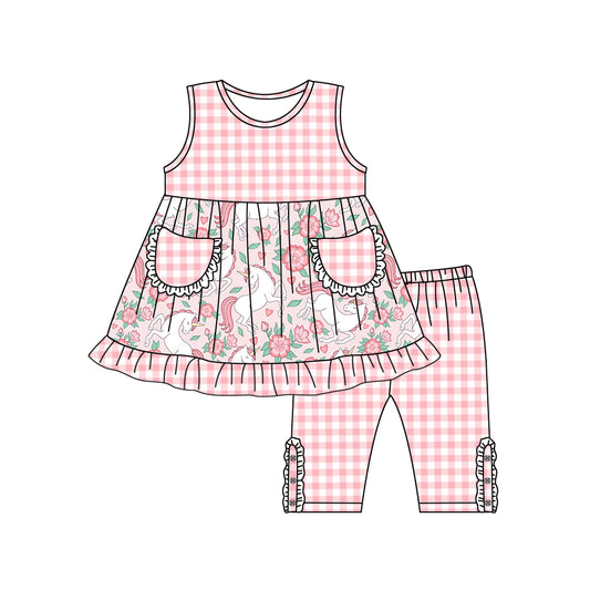 (Custom Design Preorder MOQ 5) Pink Unicorn Flowers Print Pockets Top Capri Girls Summer Clothes Set