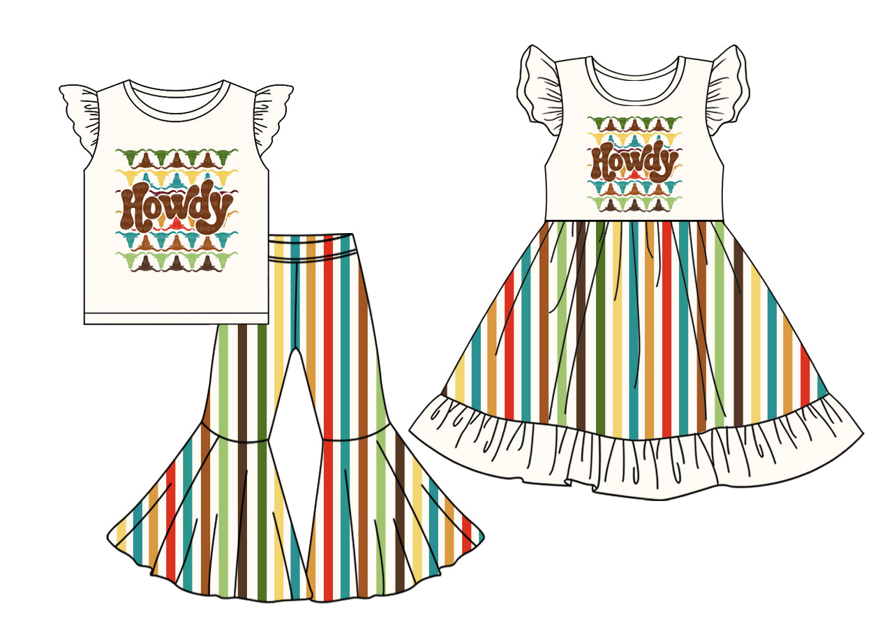 5.2(Custom Design Preorder MOQ 5 Each Design) Howdy Colorful Stripes Western Print Girls Matching Clothes Sisters Wear