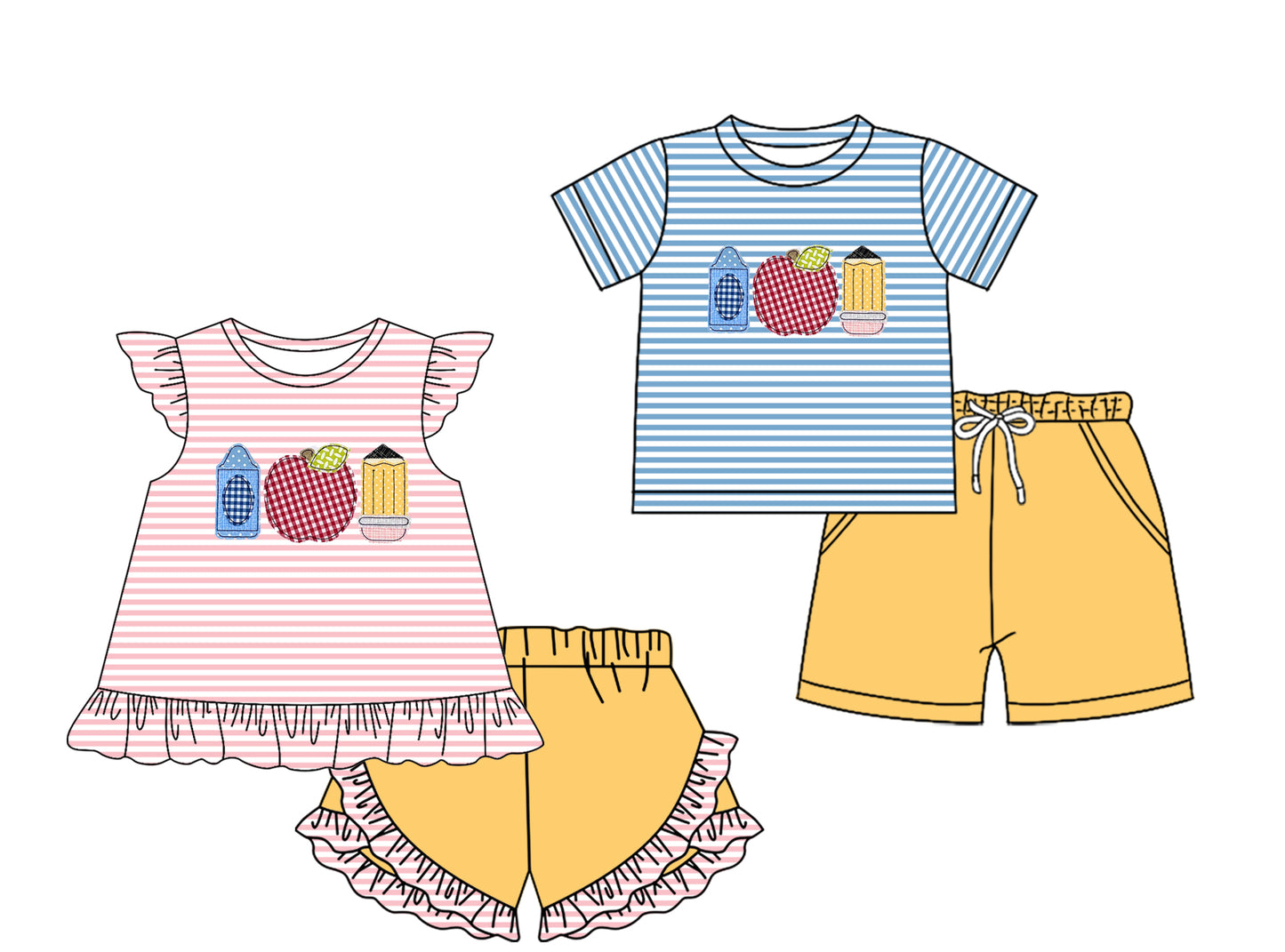 2.7(Custom Design Preorder MOQ 5 Each Design) Pen Apple Stripes Print Kids Back to School Matching Clothes Sibling Wear