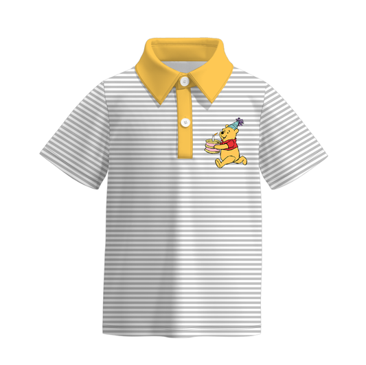 (Custom Design Preorder MOQ 5) Cartoon Bear Brithday Stripes Print Boys Summer Polo Tops