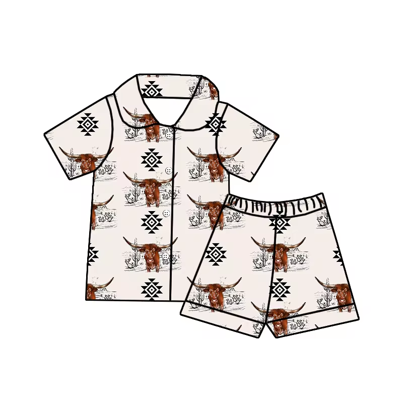 (Custom Design Preorder MOQ 5)  Aztec Highland Cow Print Kids Summer Pajamas Western Clothes Set