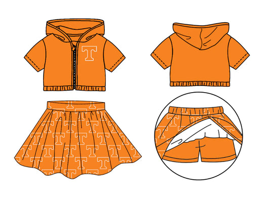 (Custom Design Preorder MOQ 5) Team's Tennessee Print Hoodie Zipper Top Skirts Shorts Girls Clothes Set