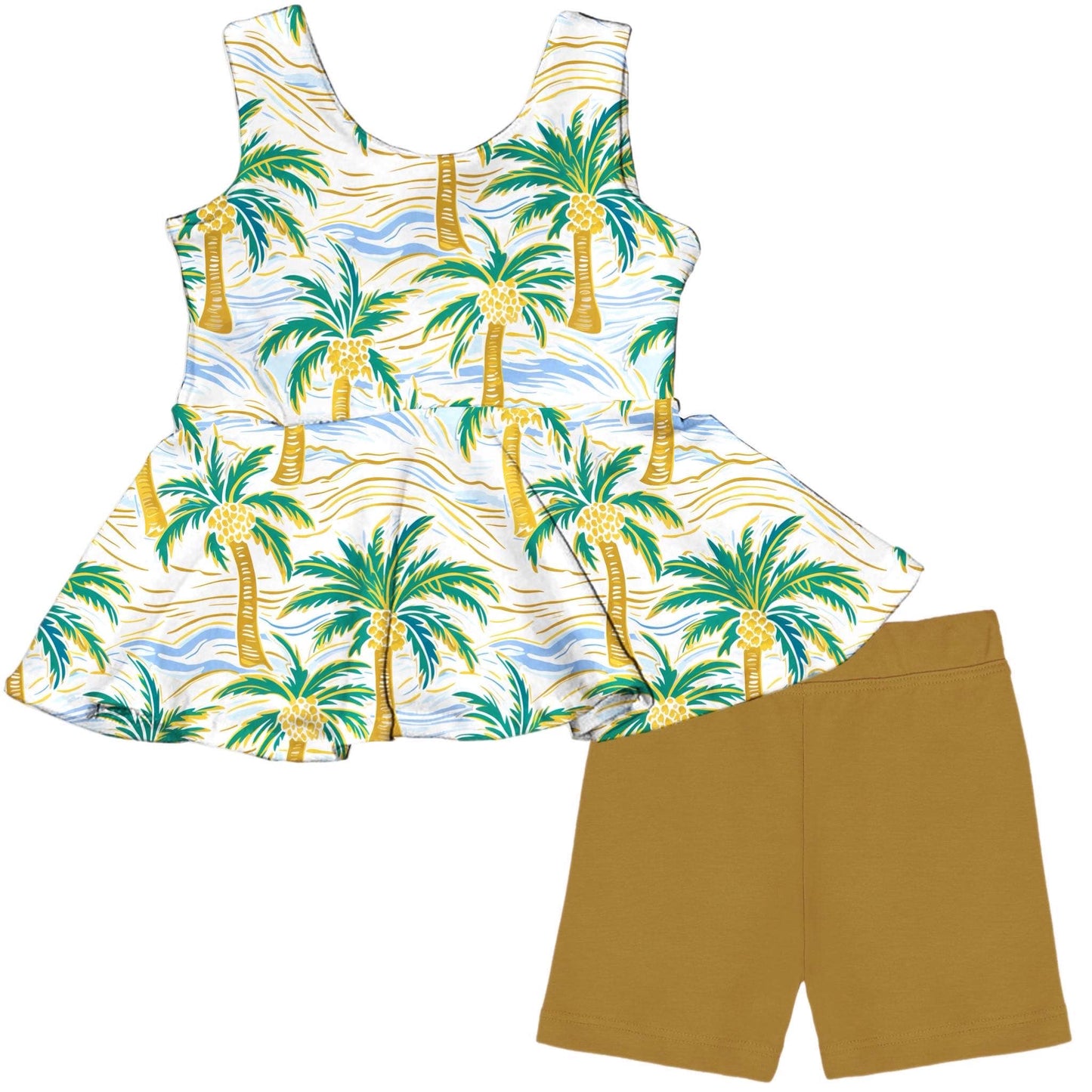 (Custom Design Preorder MOQ 5)  Coconut Tree Tunic Top Shorts Girls Summer Clothes Set