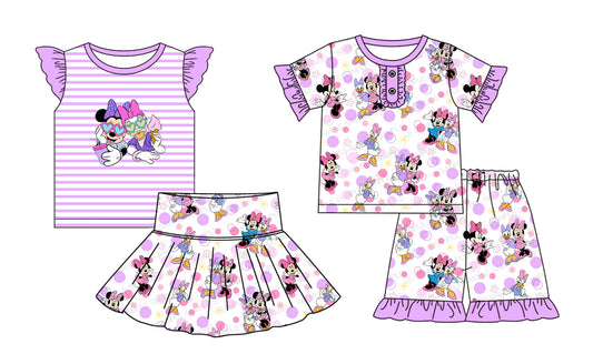 2.18(Custom Design Preorder MOQ 5 Each Design) Cartoon Mouse Duck Purple Print Girls Summer Matching Clothes Sisters Wear