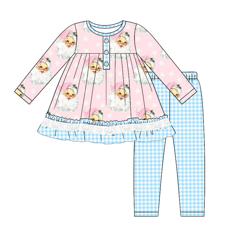 (Custom Design Preorder MOQ 5) Pink Santa Tunic Top Blue Plaid Pants Girls Christmas Clothes Set