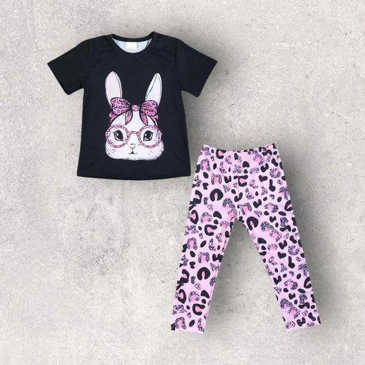 (Custom Design Preorder MOQ 5) Bunny Top Pink Leopard Legging Pants Girls Easter Clothes Set