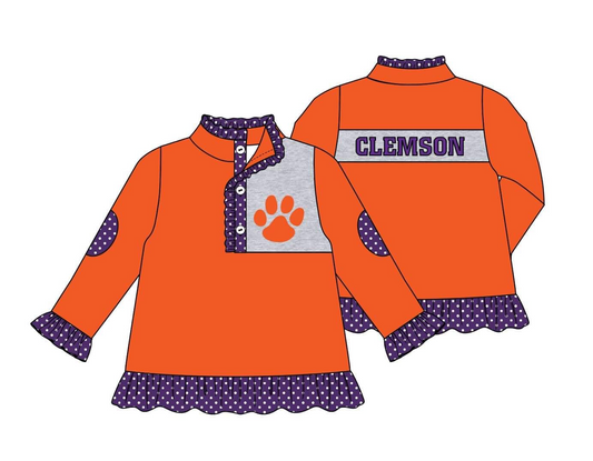 (Custom Design Preorder MOQ 5) Team's Orange CLEMSON Print Girls Long Sleeve Zipper Pullover Top