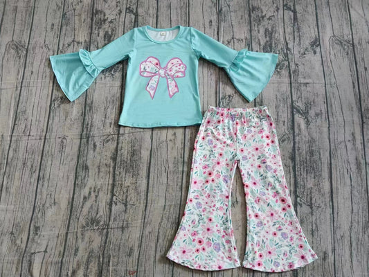 (Custom Design Preorder MOQ 5) Bows Flowers Top Bell Pants Girls Clothes Set