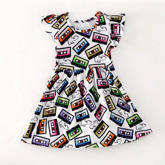 (Custom Design Preorder MOQ 5) Colorful Tape Print Girls Summer Knee Length Dress