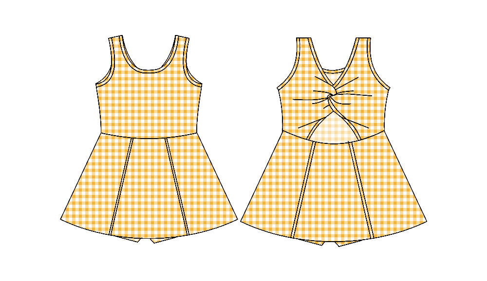 (Custom Design Preorder MOQ 5) Yellow Plaid Print Girls Knee Length Shorts 1 Pieces Athletic Dress