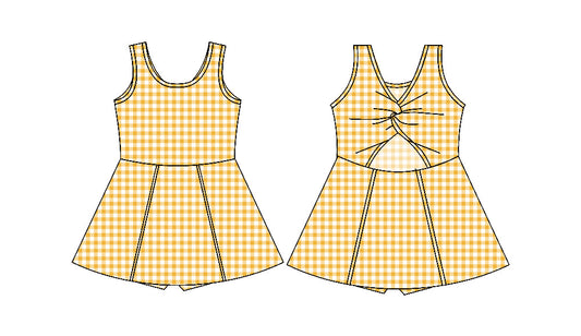 (Custom Design Preorder MOQ 5) Yellow Plaid Print Girls Knee Length Shorts 1 Pieces Athletic Dress