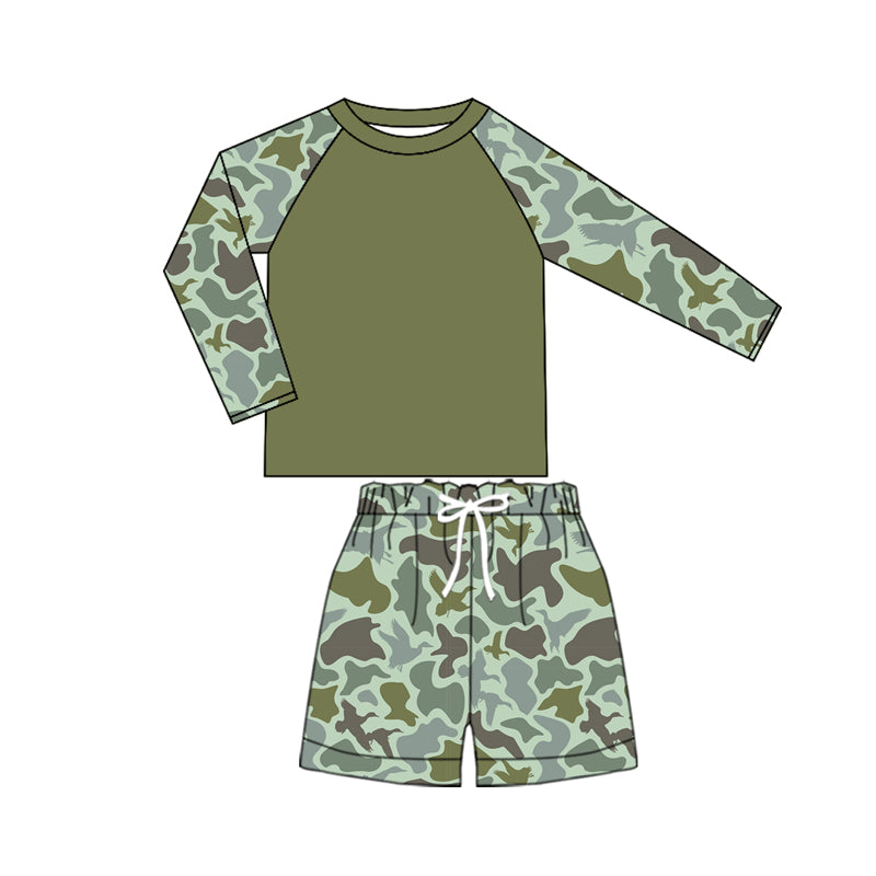 (Custom Design Preorder MOQ 5)  Green Camo Print Boys Long Sleeve 2 Pieces Swimsuits