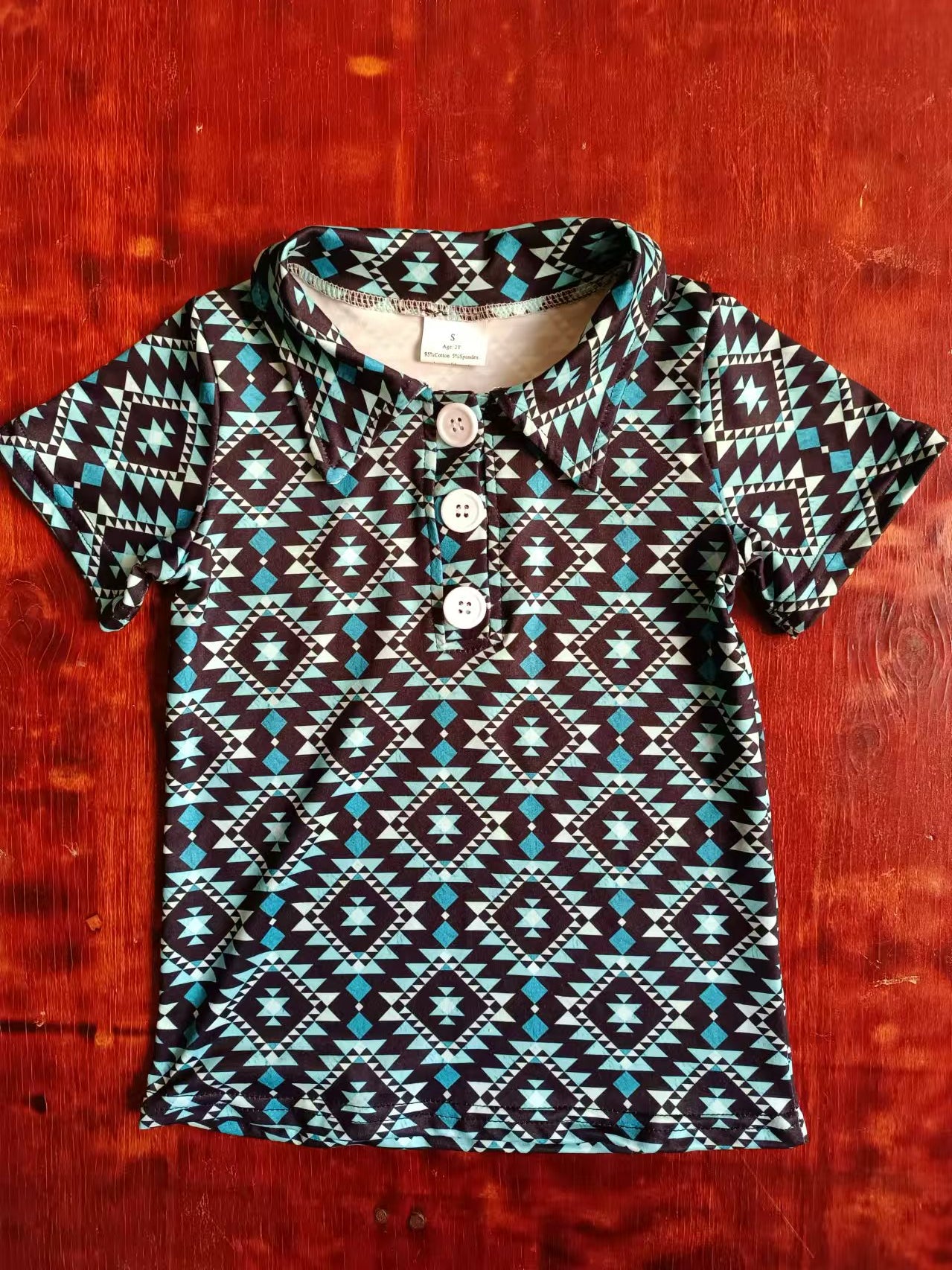 (Custom Design Preorder MOQ 3 ) Blue aztec print boys button up western tee shirts top