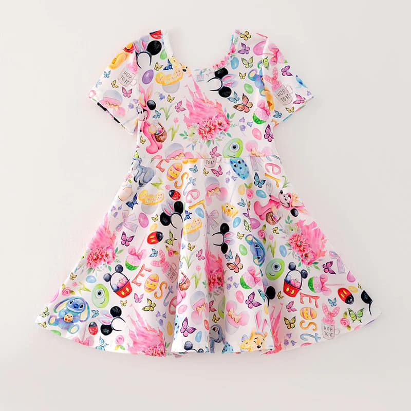 (Custom Design Preorder MOQ 5) Cartoon Figure Flowers Print Girls Knee Length Dress