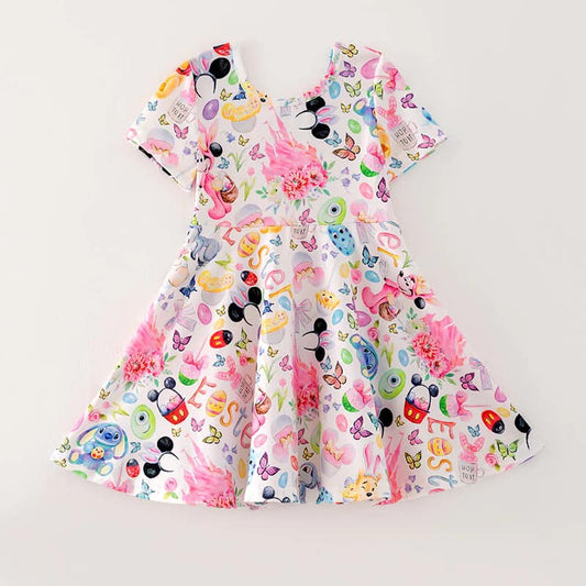 (Custom Design Preorder MOQ 5) Cartoon Figure Flowers Print Girls Knee Length Dress